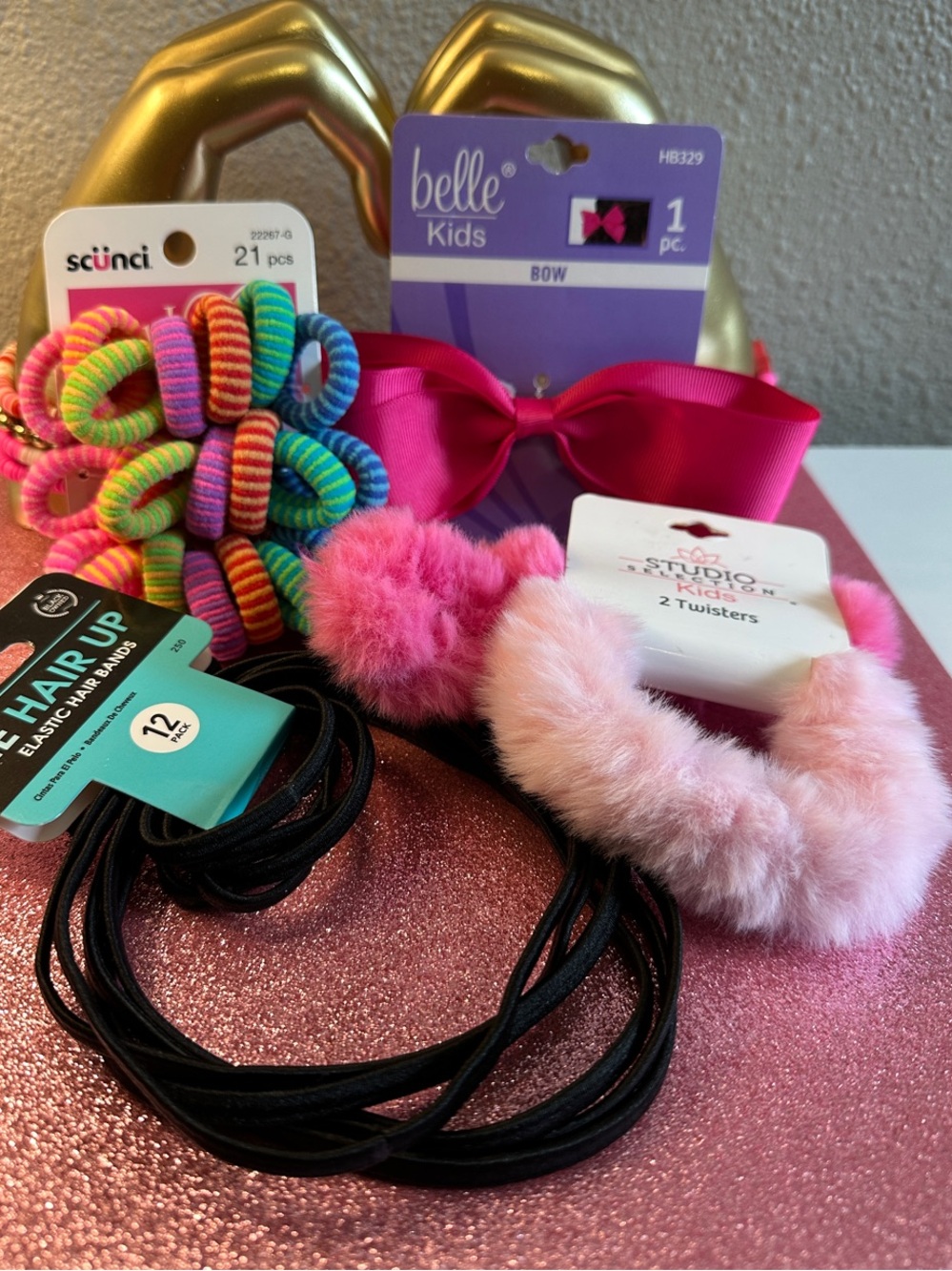 scunci Kids Colorful Spiral Hair Ties with Pink Fuzzy Pom and Black Elastics